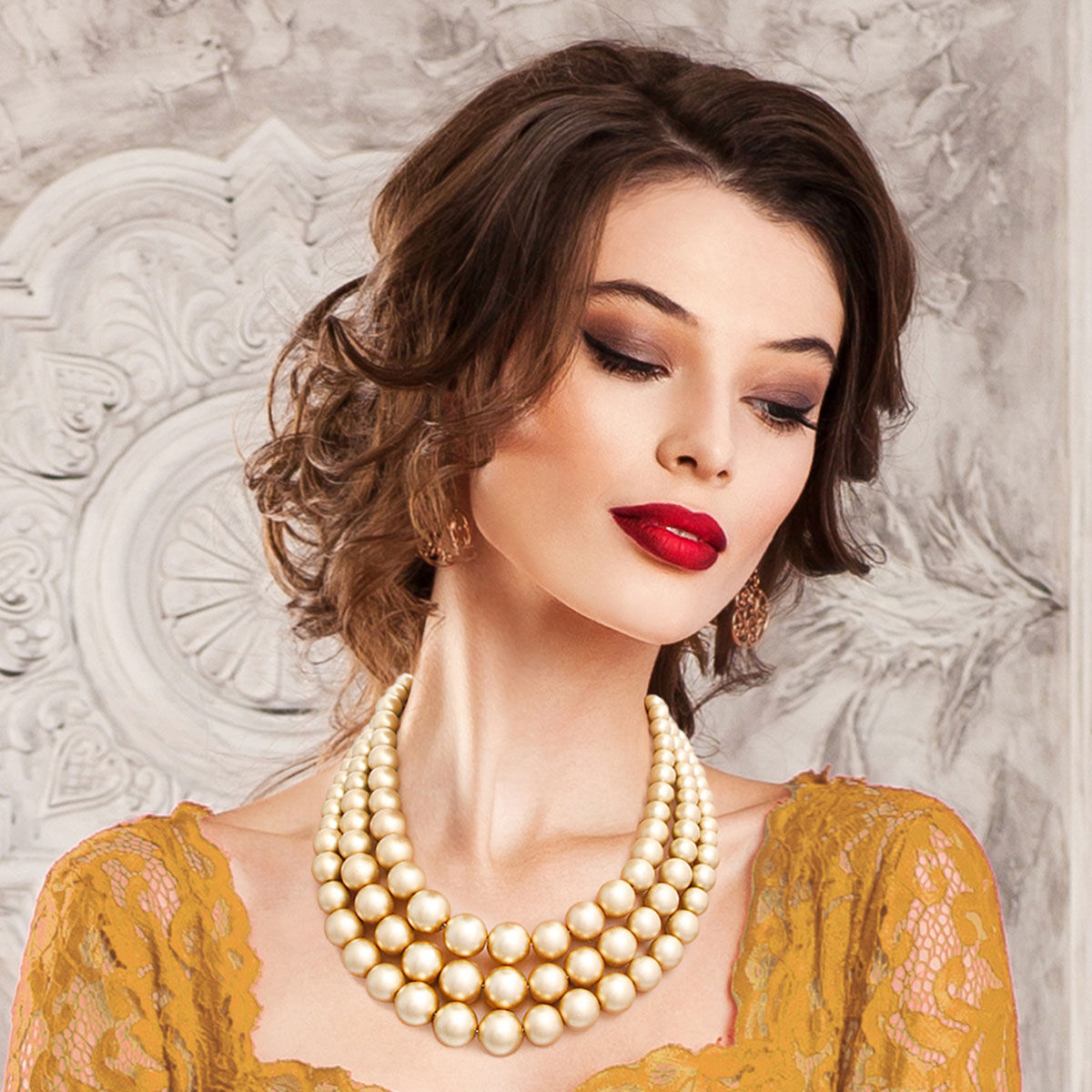 Gold Pearl Graduated Multi Strand Necklace Set