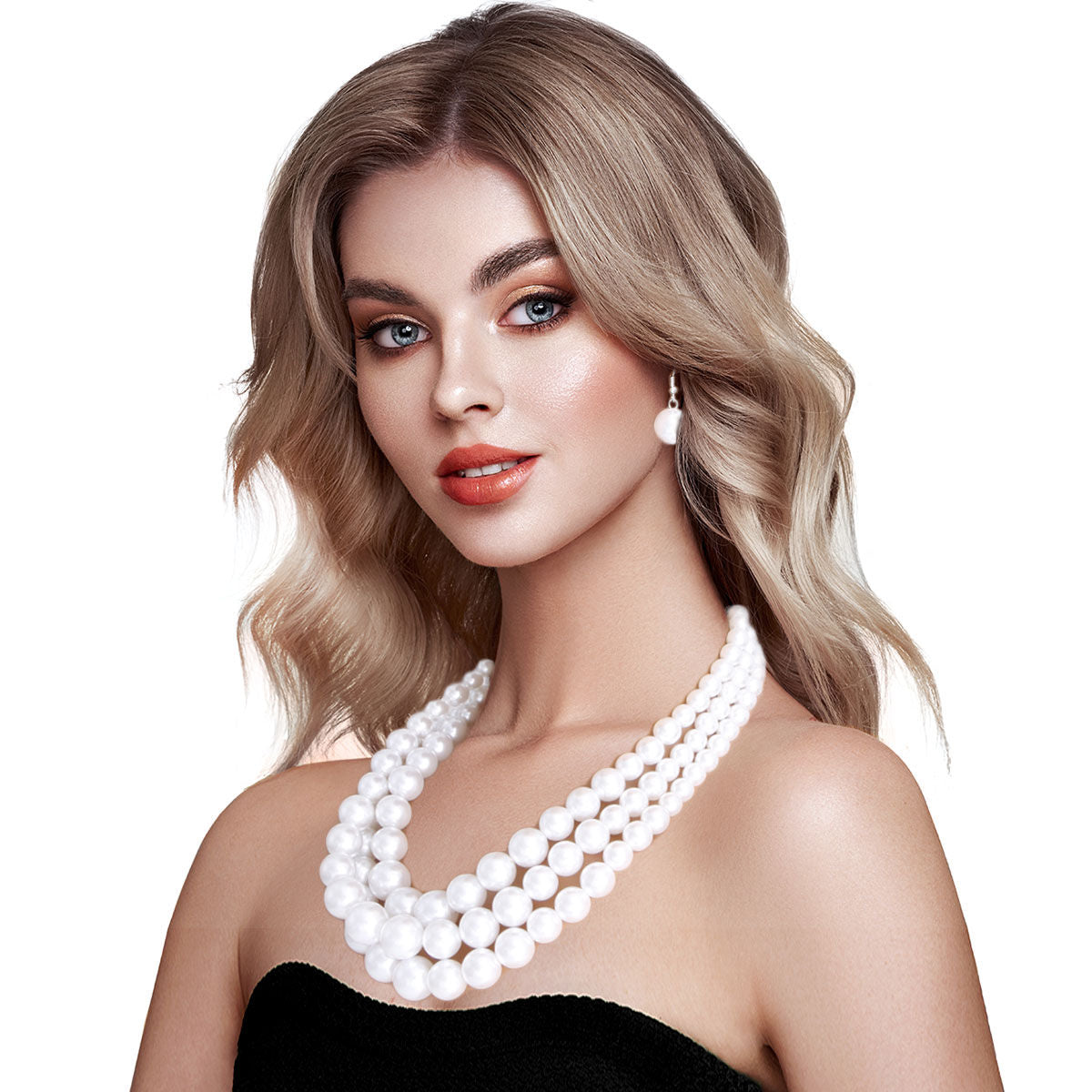 Pure Radiance: White Pearl 3-Strand Rhodium-Plated Layered Necklace Set