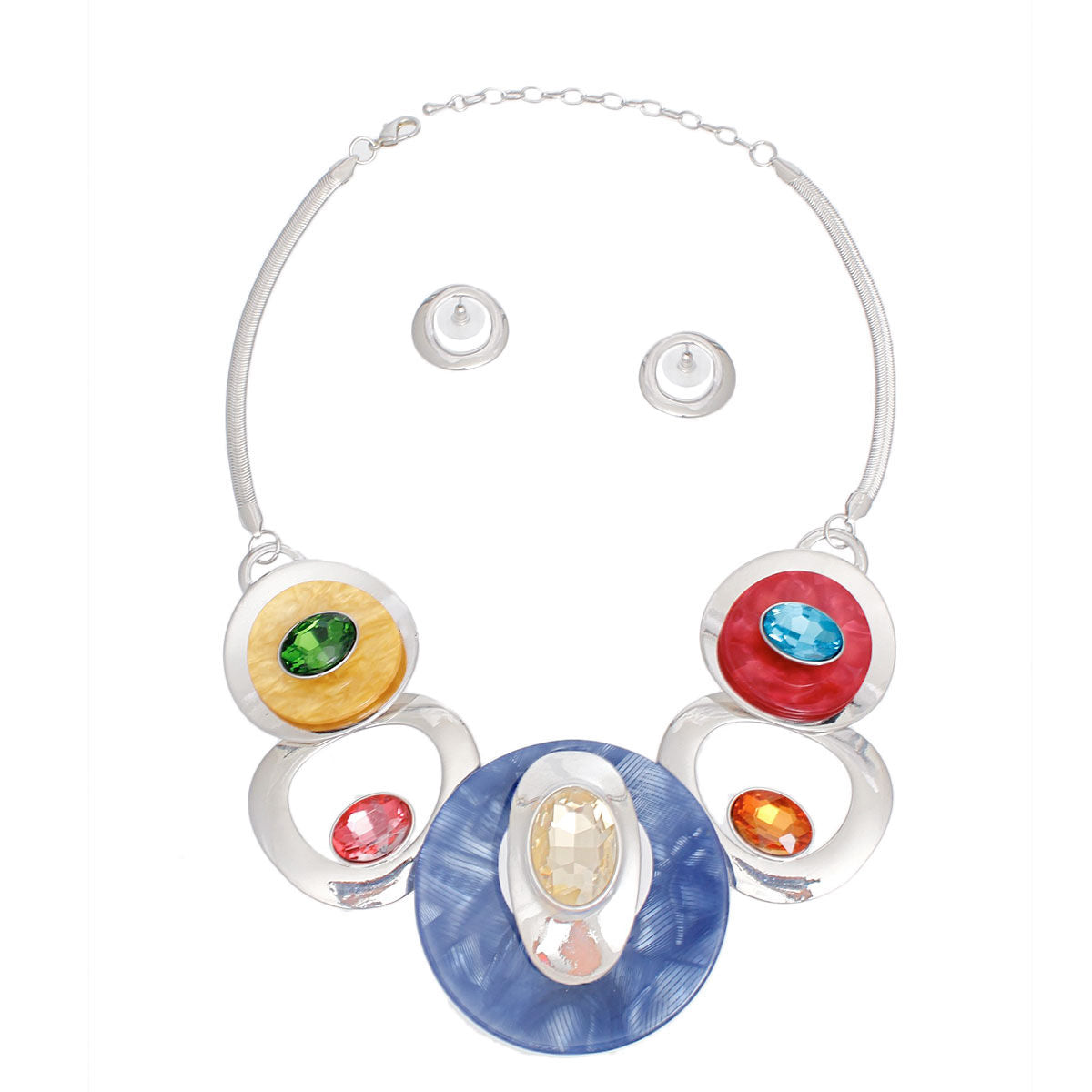 Multi-Color Swirled Silver Bib Necklace