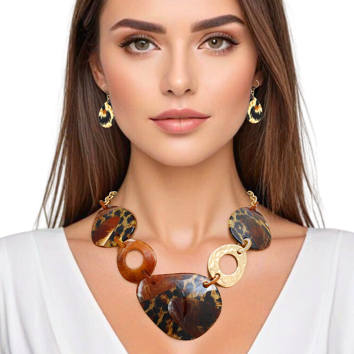 Necklace Leopard Brown Marbled Acrylic Link Set