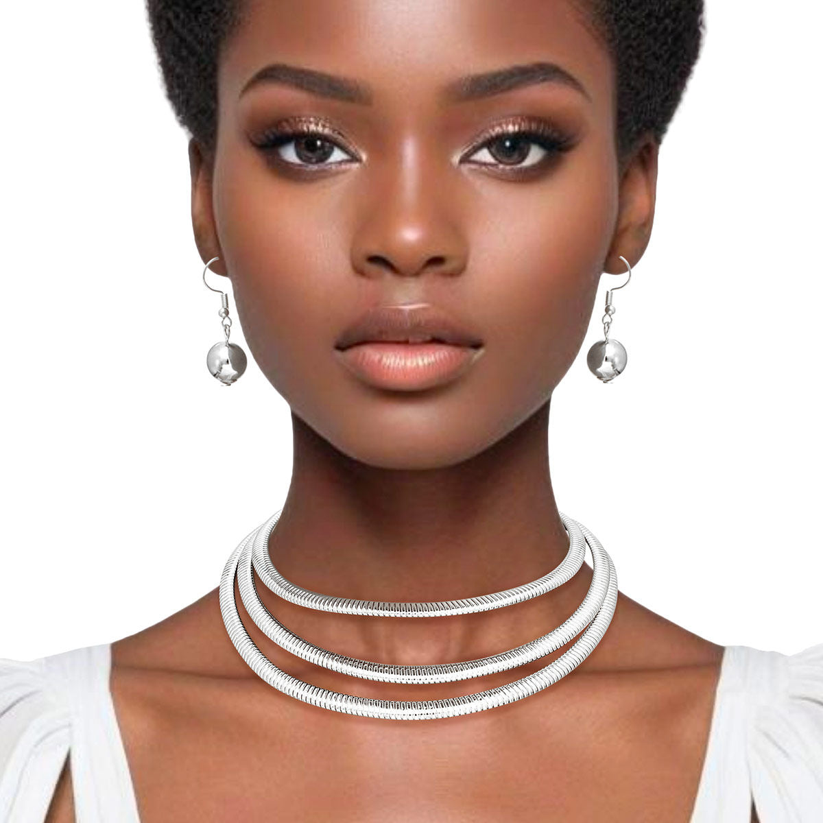 Choker Necklace Silver Triple Omega Set for Women