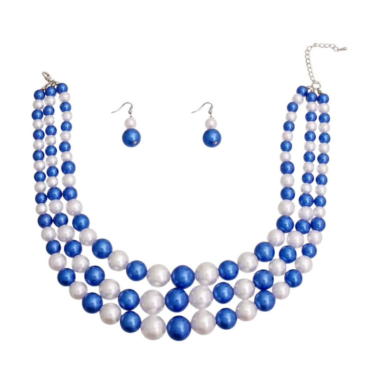 Blue and White Pearl 3 Layer ZPB Necklace Silver Set