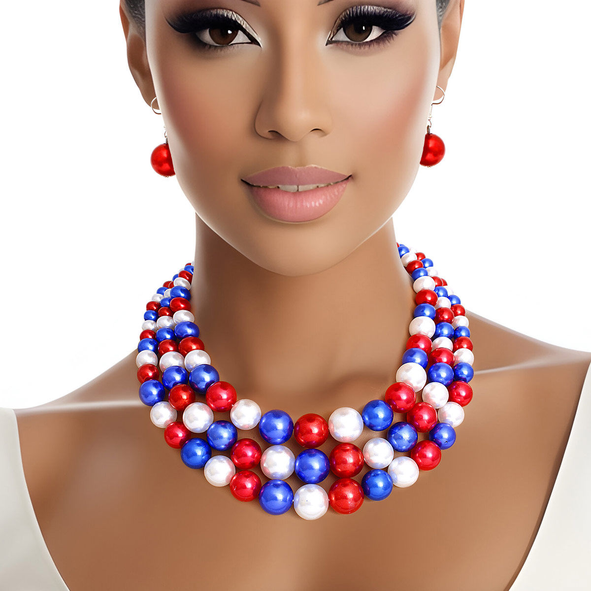 Pearl Necklace Red White Blue 3 Strand for Women