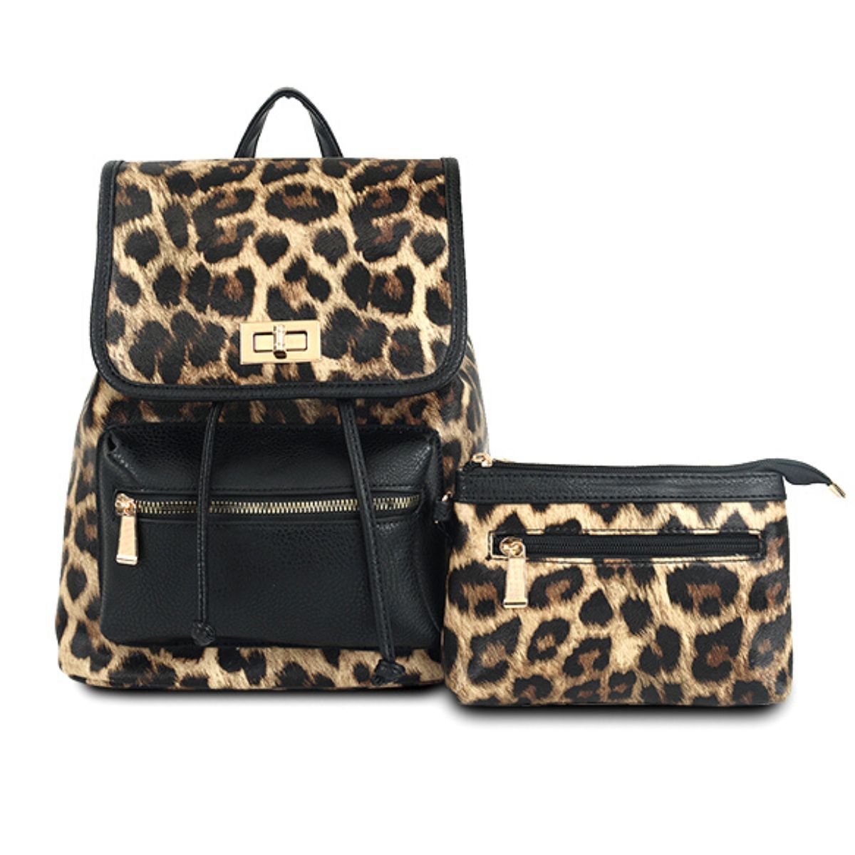 Backpack Leopard and Black Flap Bag Set for Women