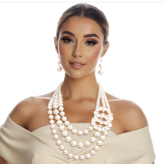 Timeless Opulence: Cream Pearl Layered Necklace Set with Crystal Infinity Ring