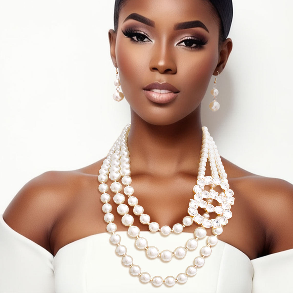 Timeless Opulence: Cream Pearl Layered Necklace Set with Crystal Infinity Ring