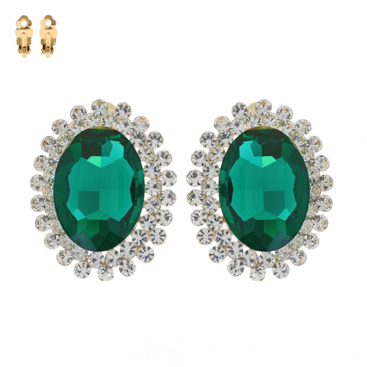 Clip On Medium Green Oval Halo Earrings for Women