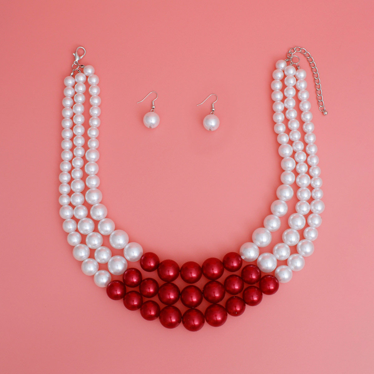 Pearl DST Necklace White Red 3 Layer Set