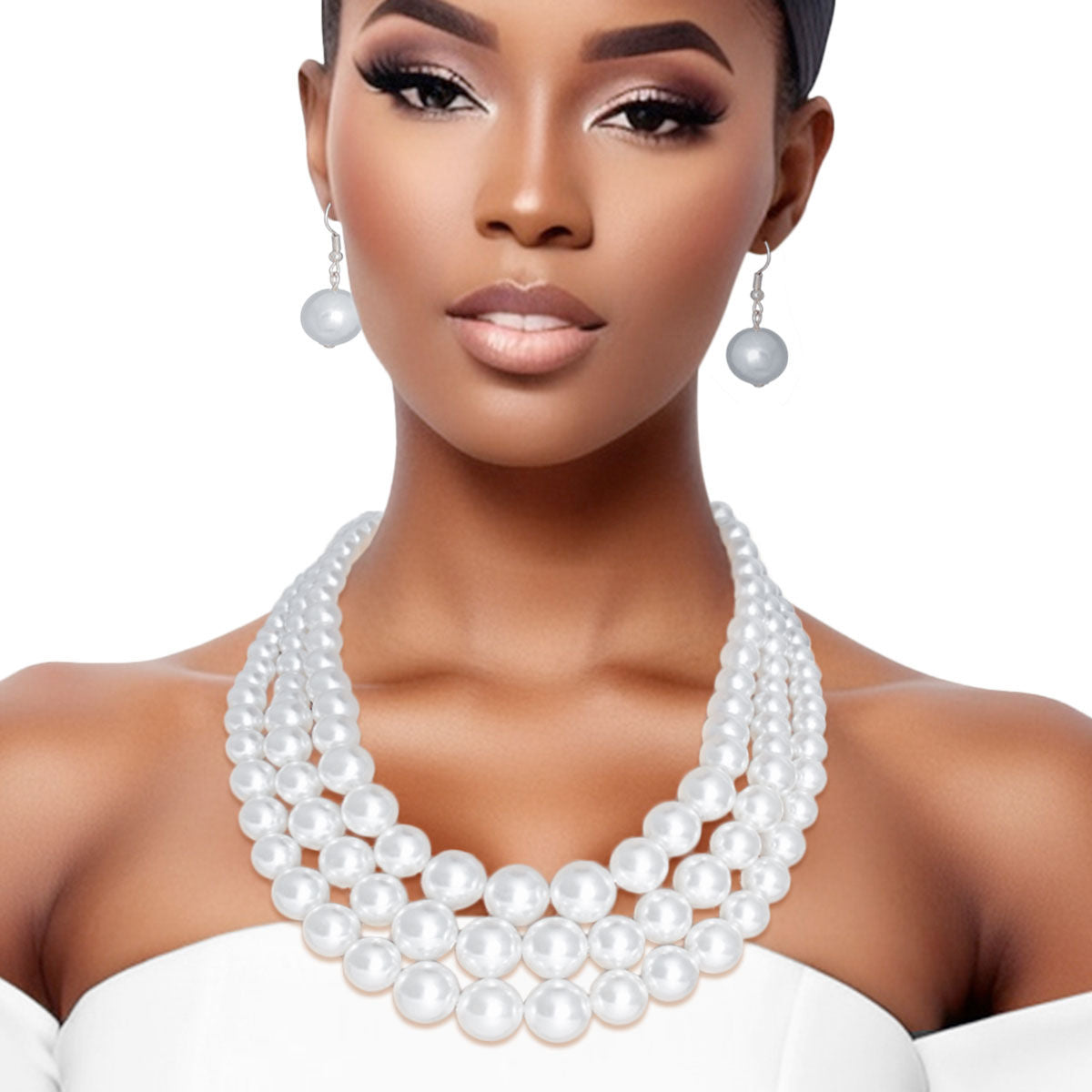 Pure Radiance: White Pearl 3-Strand Rhodium-Plated Layered Necklace Set