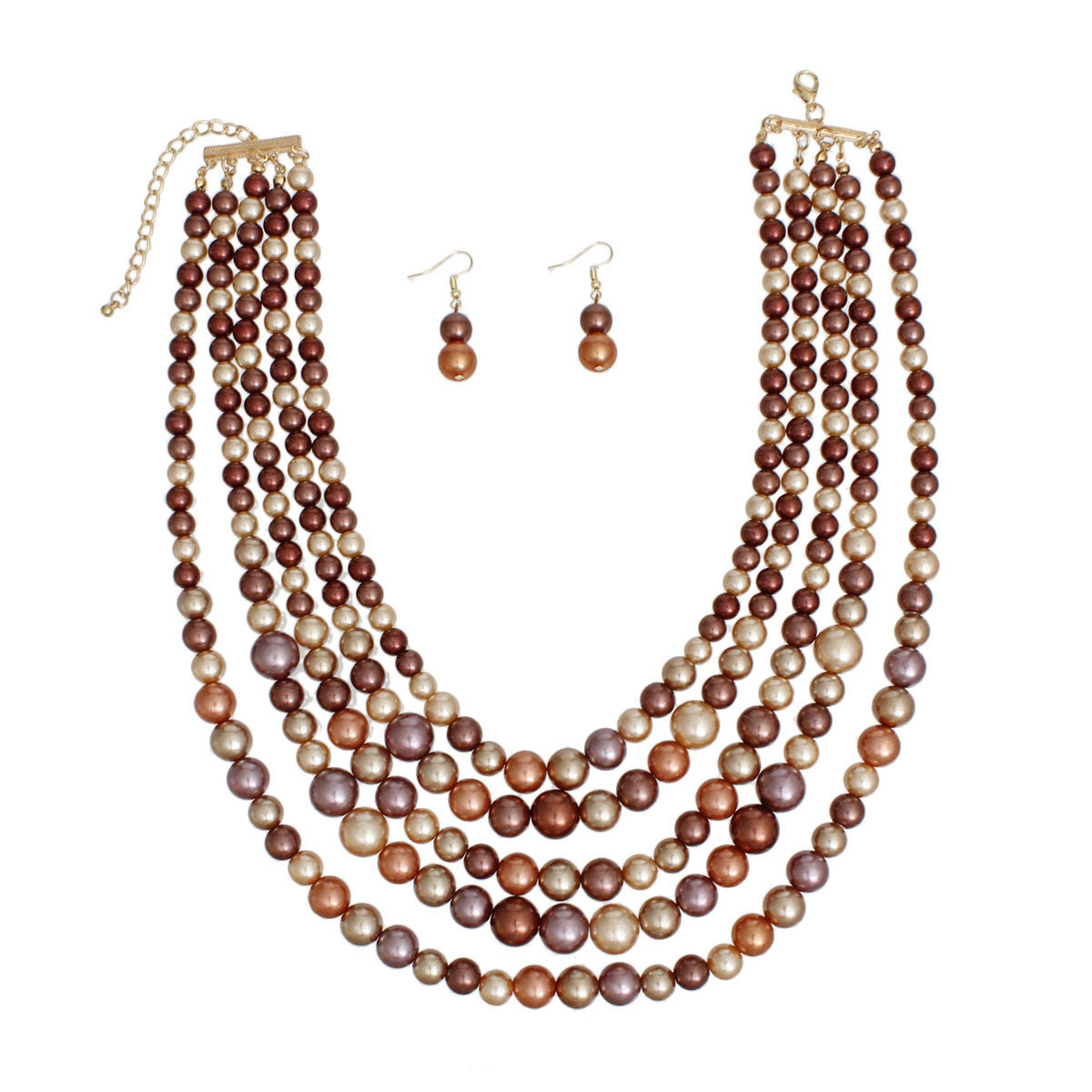 Necklace Brown Pearl 5 Strand Wide Layer Set