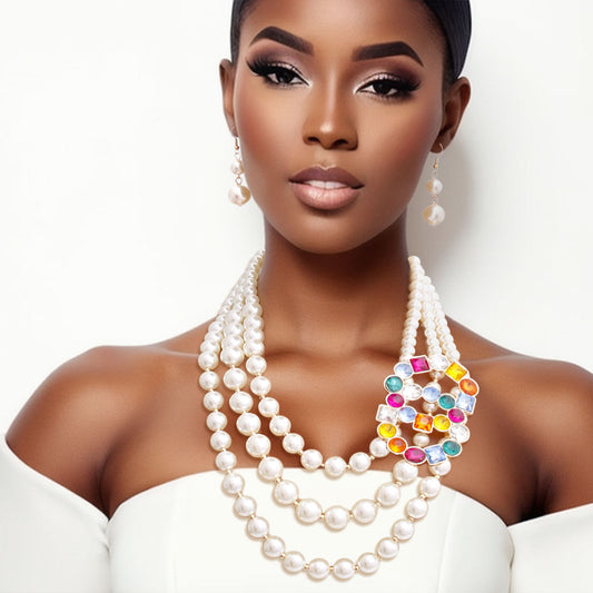 Infinite Elegance: Multi-Color Infinity Ring 3-Layer Pearl Necklace Set