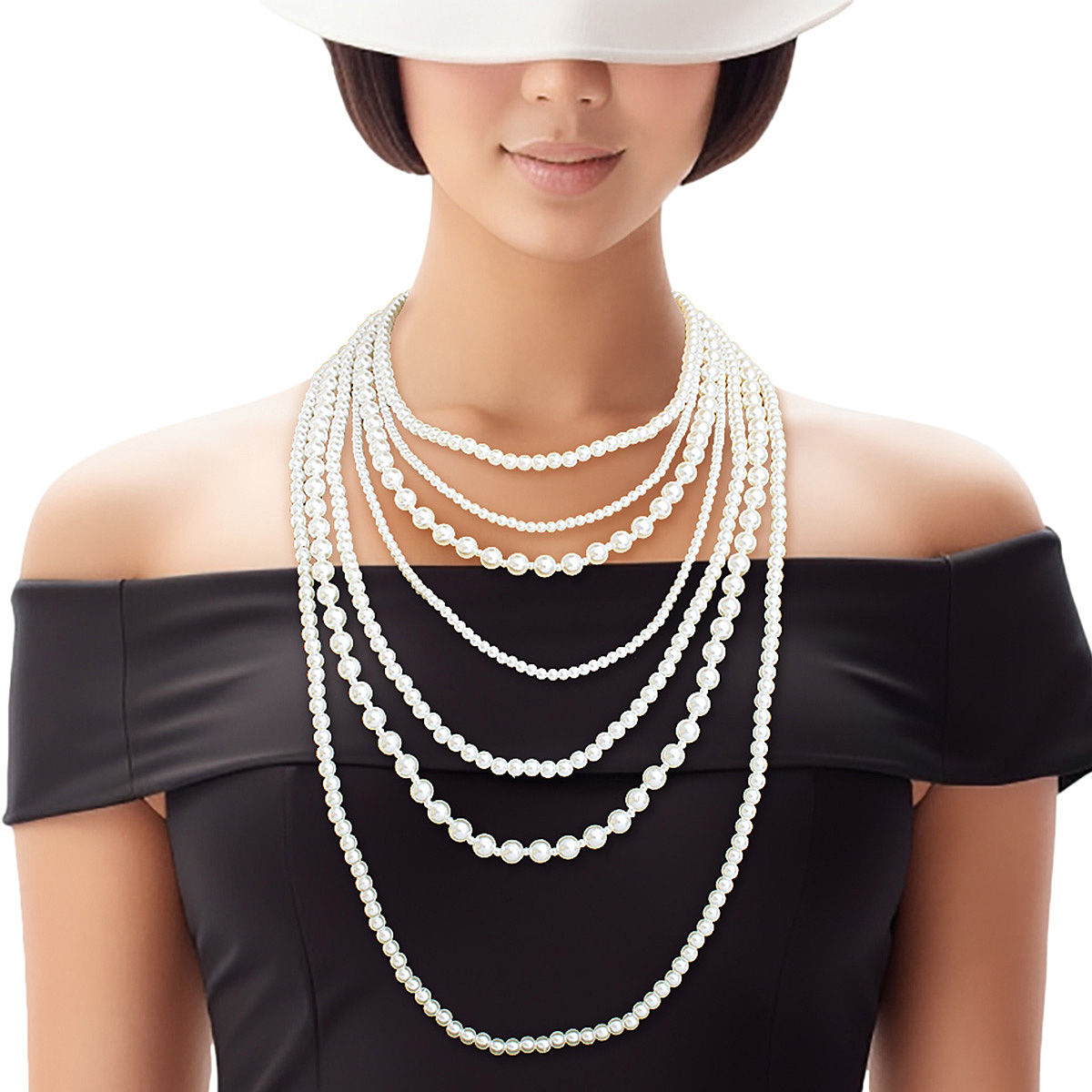 Pearl Necklace Cream 7 Strand Long Set for Women