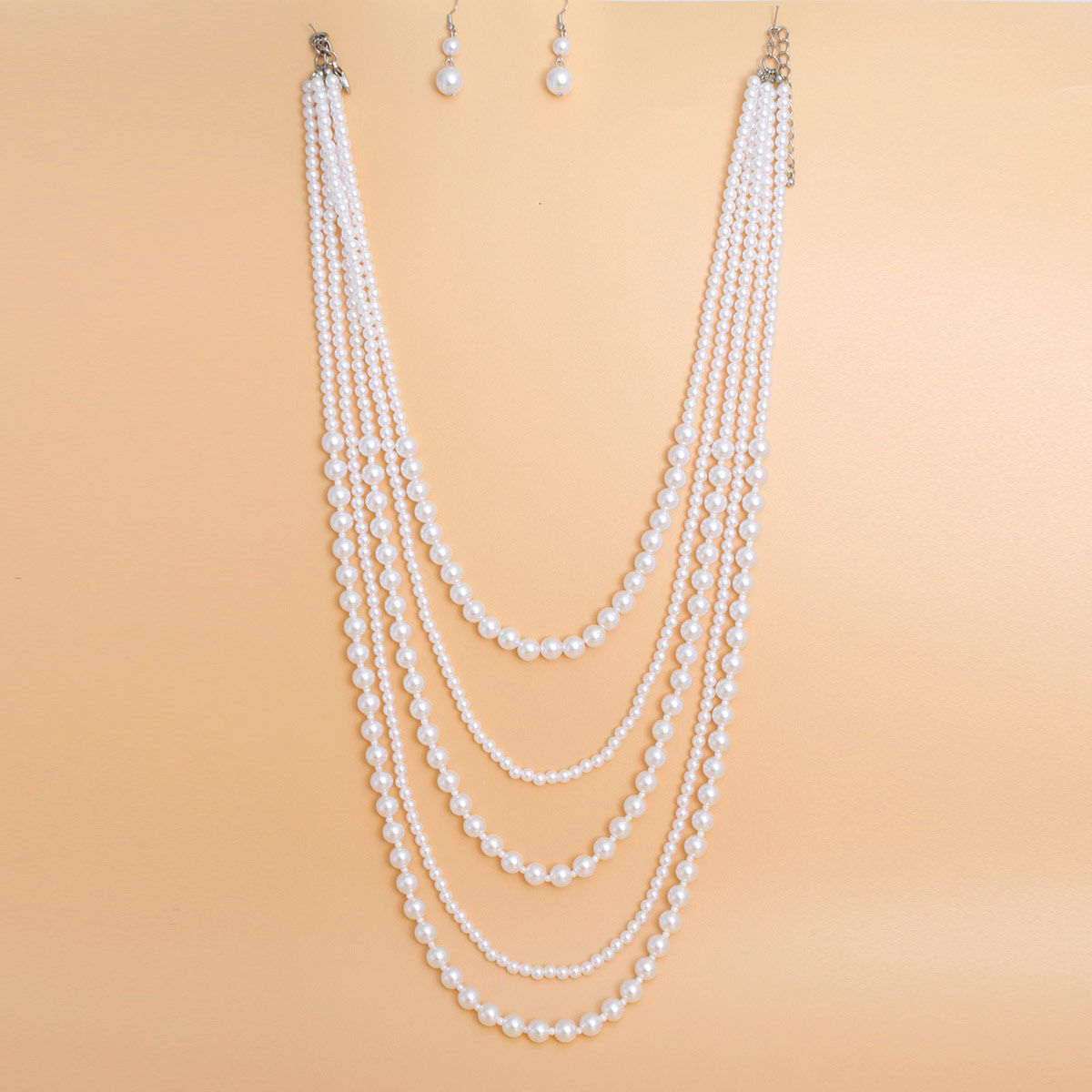 Pearl Necklace White 5 Strand Long Set for Women