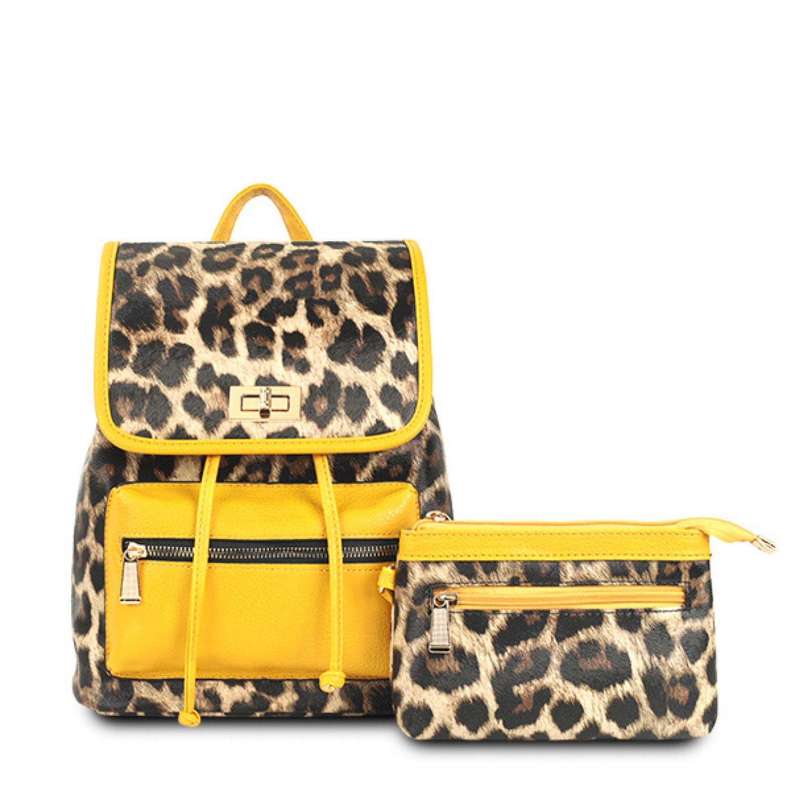 Backpack Leopard and Yellow Flap Bag Set for Women