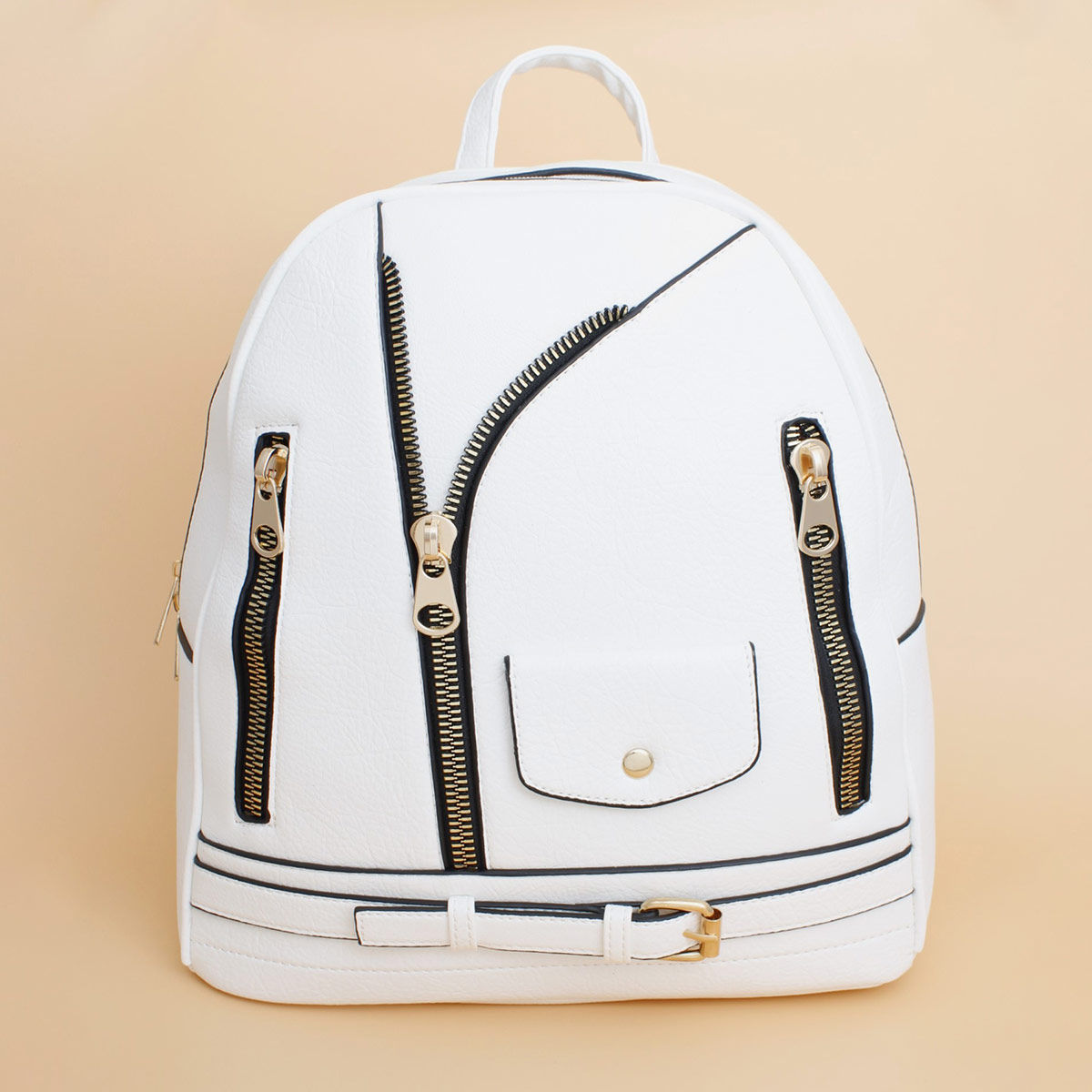 Moto Backpack White Zipper Medium Bag for Women