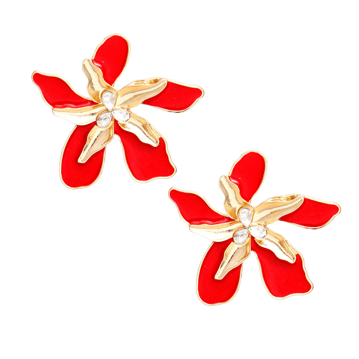 Studs Red Gold Tropical Flower Earrings for Women