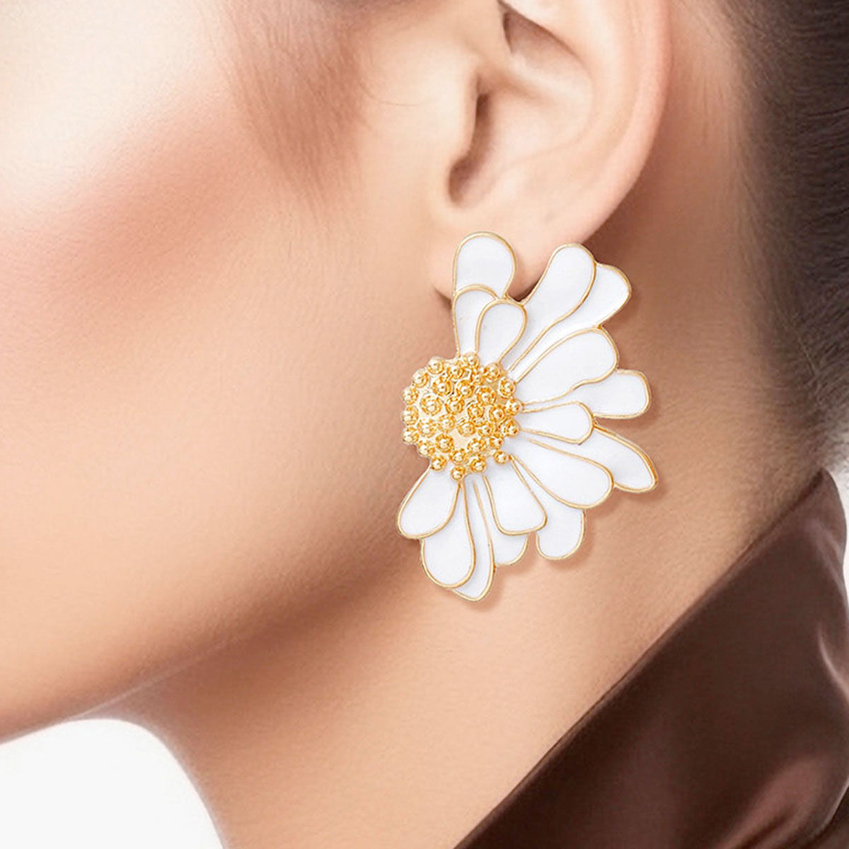 Studs White Half Daisy Flower Earrings for Women