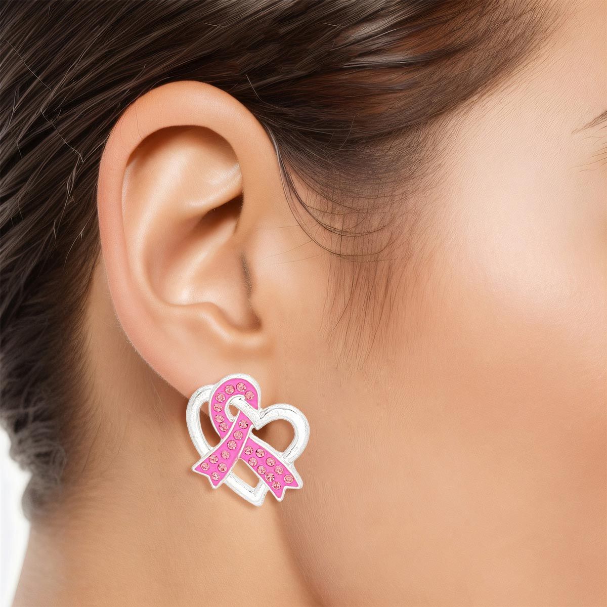 Studs Silver Pink Ribbon Looped Heart Earrings