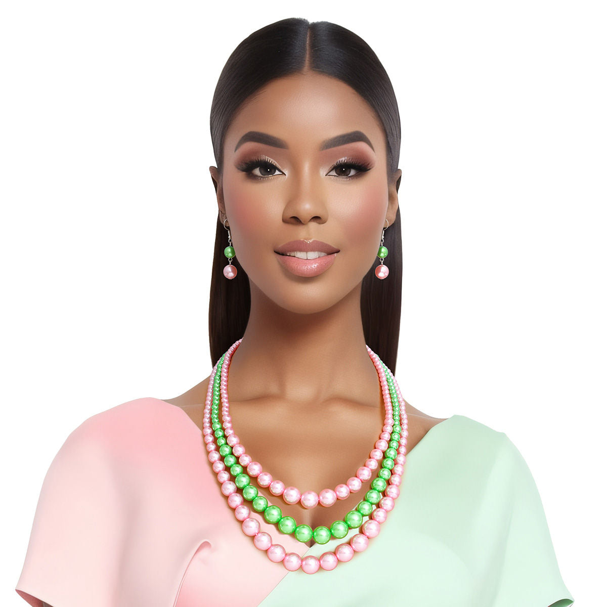 AKA Pearl Necklace Pink Green 3 Strand