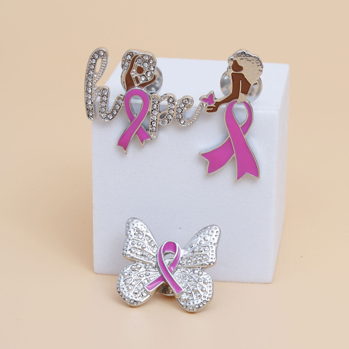 Silver Hope Ribbon Brooch Set