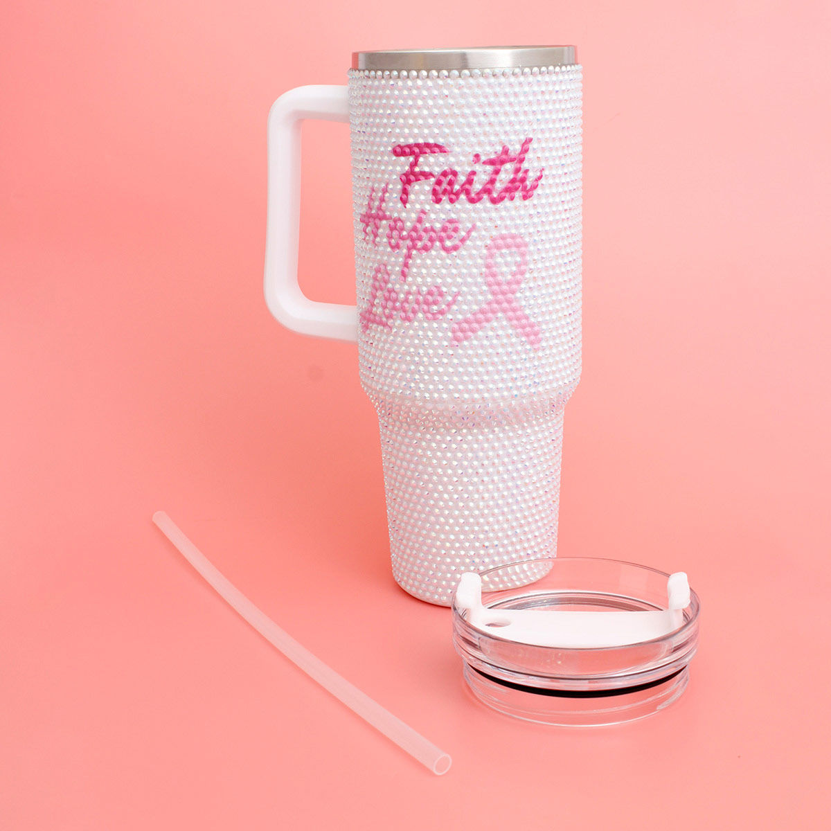 Breast Cancer White Bling 40.5 oz Tumbler Cup