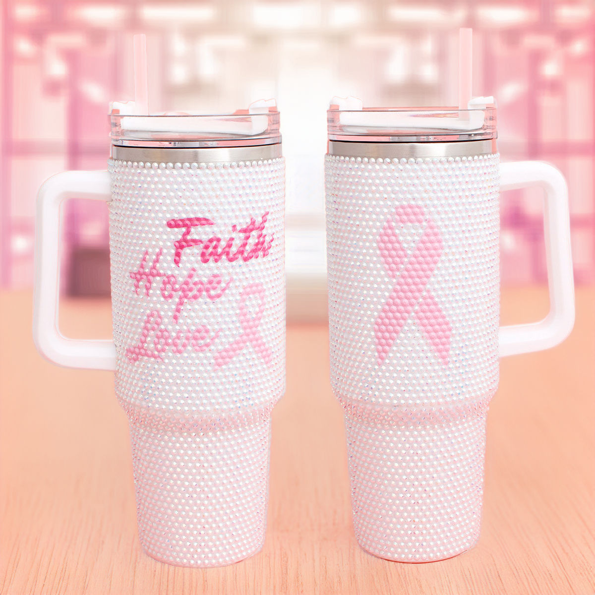 Breast Cancer White Bling 40.5 oz Tumbler Cup