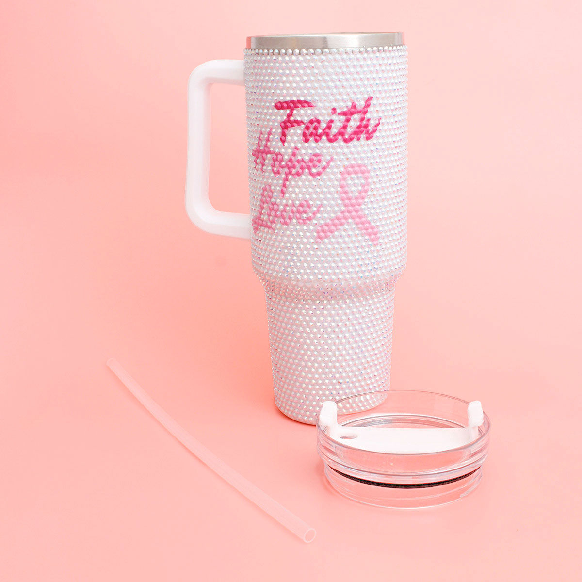 Breast Cancer White Bling 40.5 oz Tumbler Cup