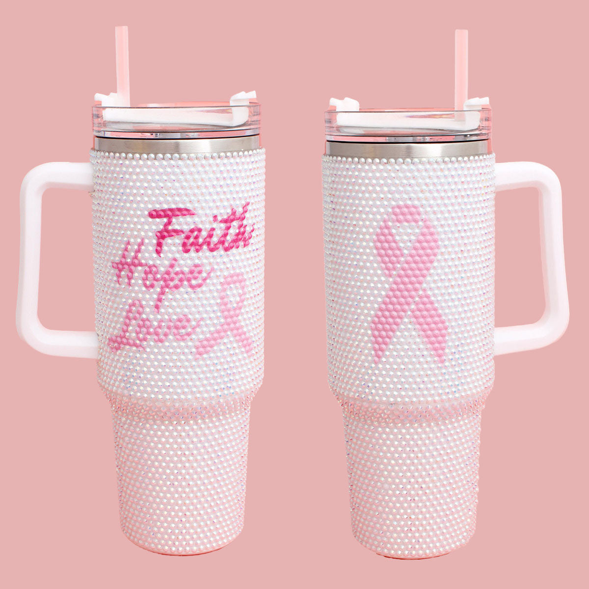 Breast Cancer White Bling 40.5 oz Tumbler Cup