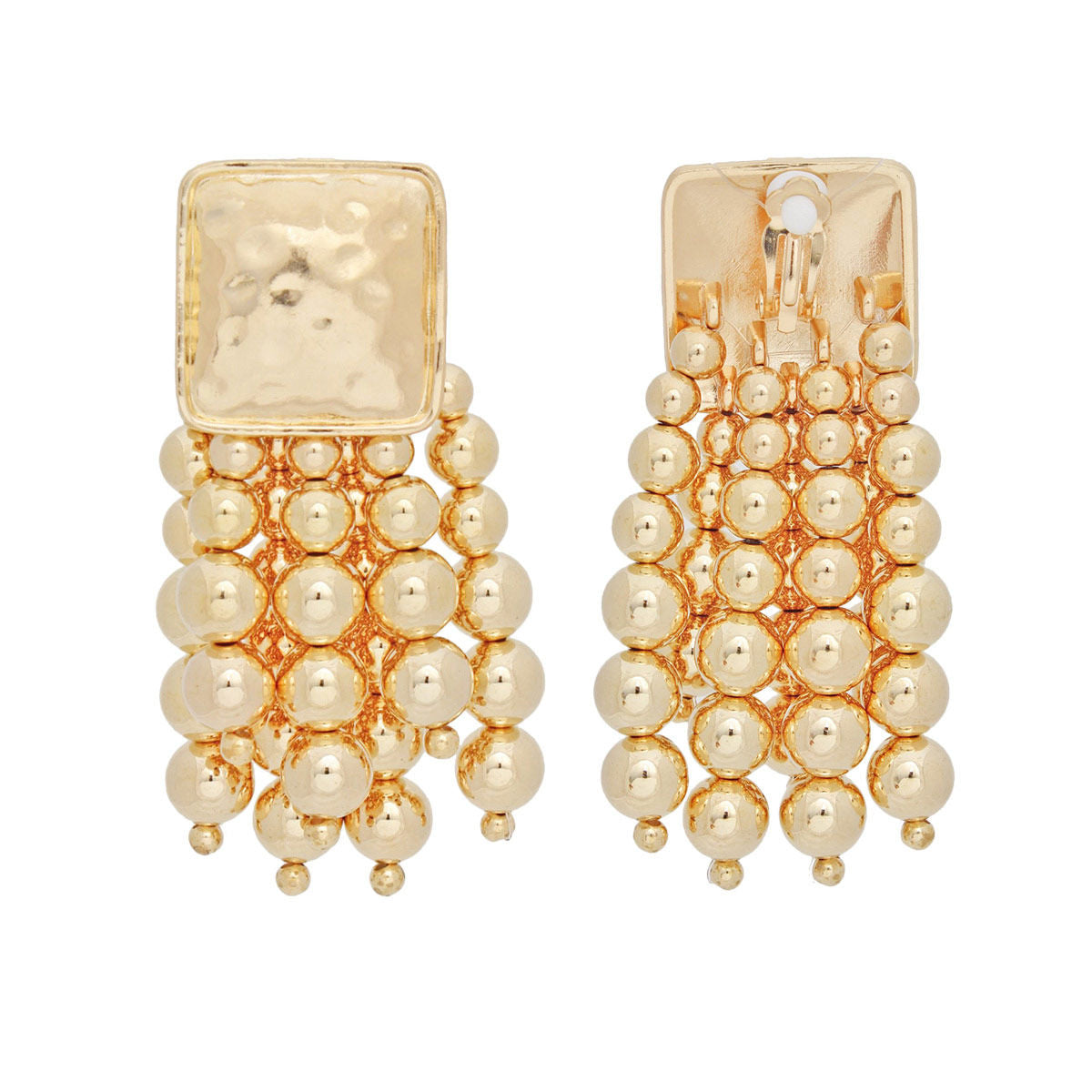 Clip On Gold Square and Ball Bead Tassel Earrings