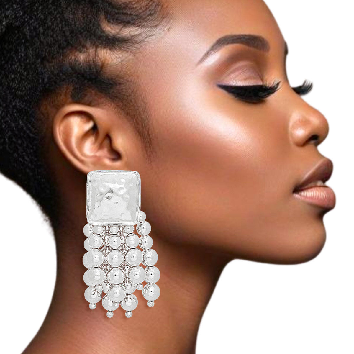 Clip On Silver Square Ball Bead Tassel Earrings