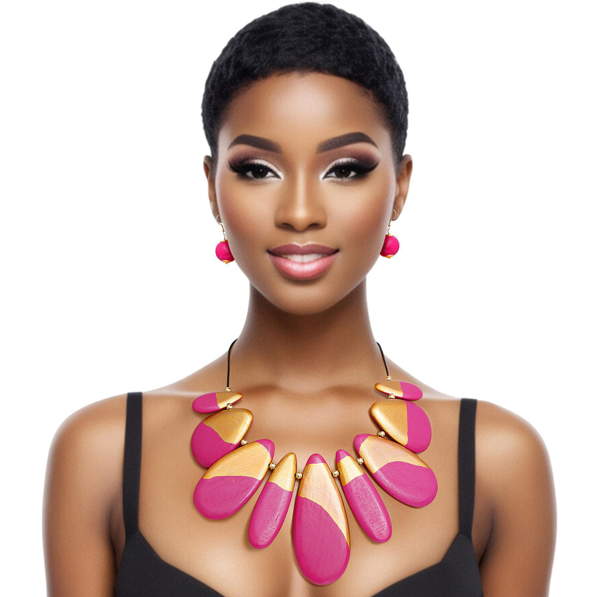 Bib Necklace Fuchsia Wood Teardrop Set for Women