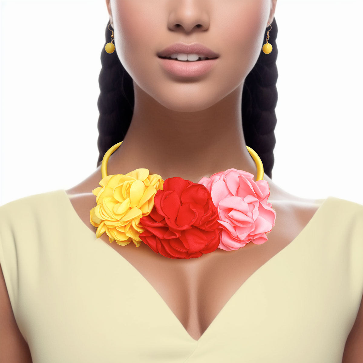 Bib Multicolor Triple Fabric Flower Necklace Women