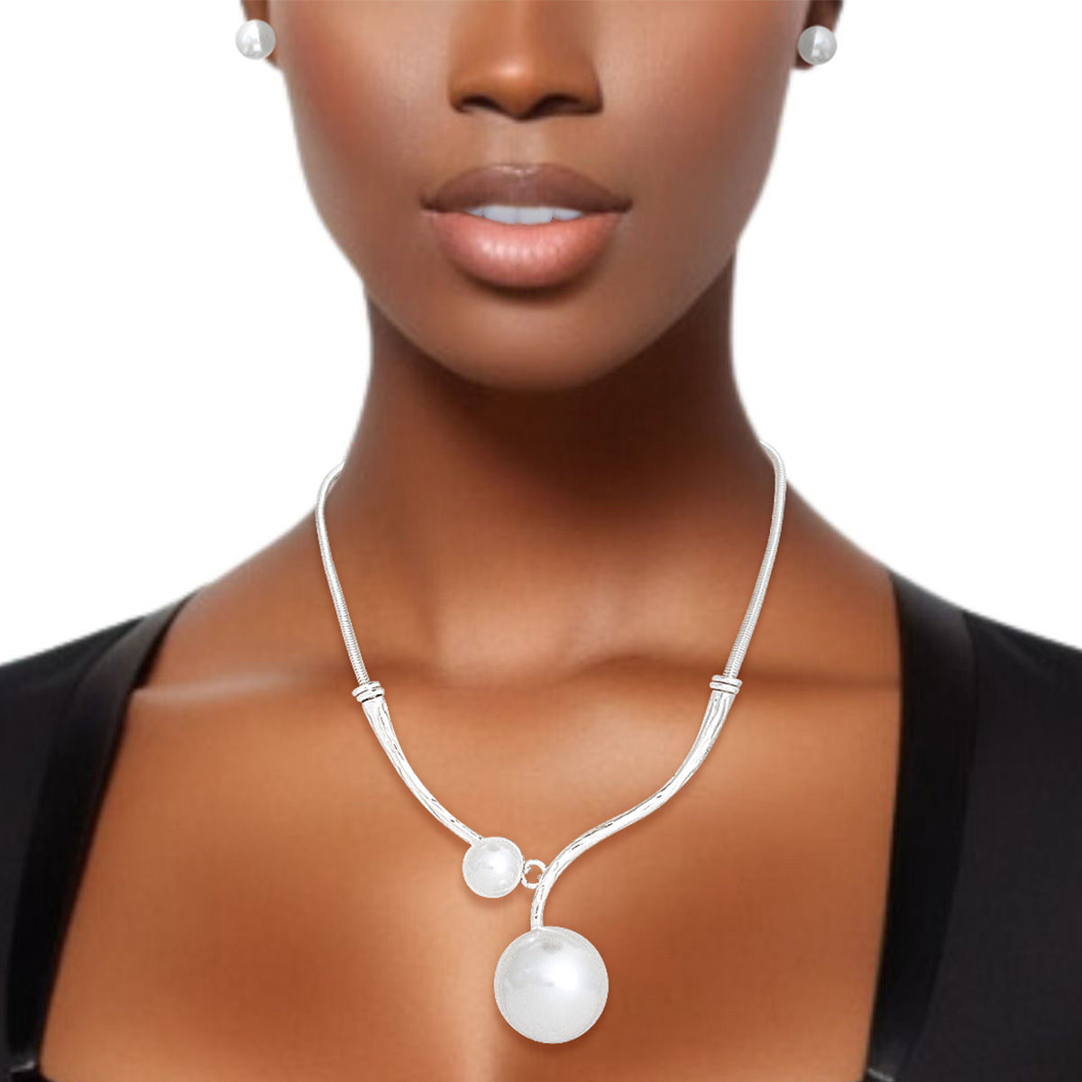 Necklace Silver Snake Chain Pearl Set for Women