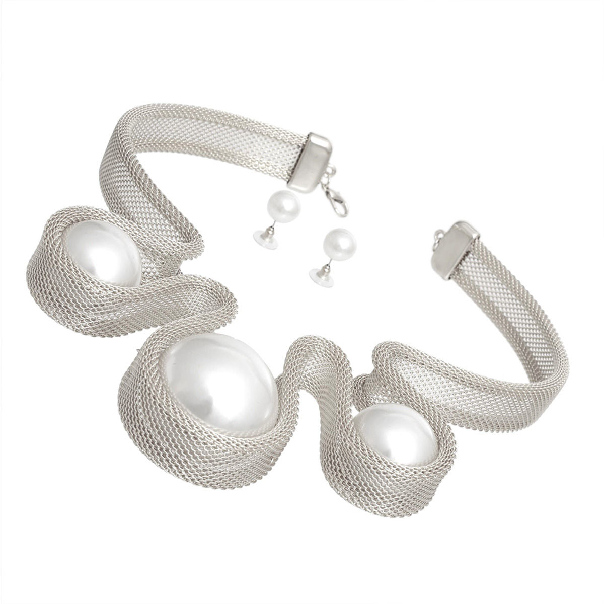 Bib Silver Rigid Mesh Pearl Necklace for Women