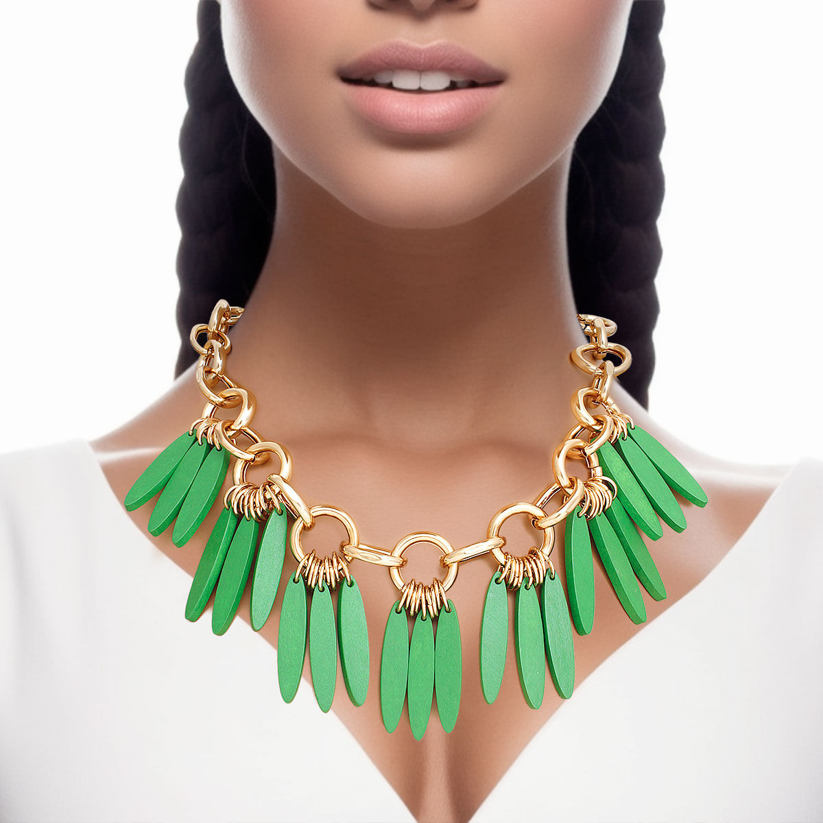 Necklace Tribal Green Wood Fringe for Women