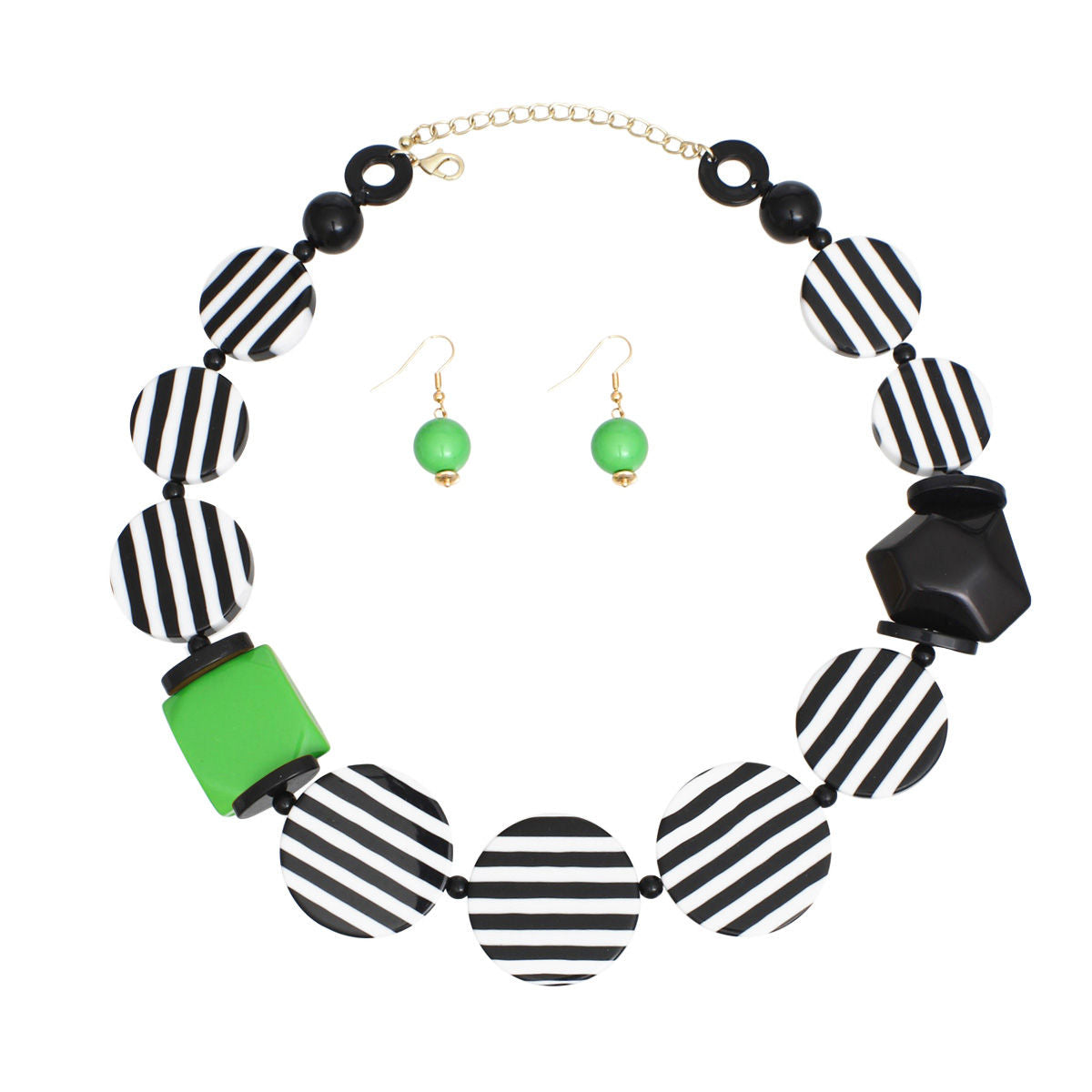 Necklace Retro Striped Black White and Green Set