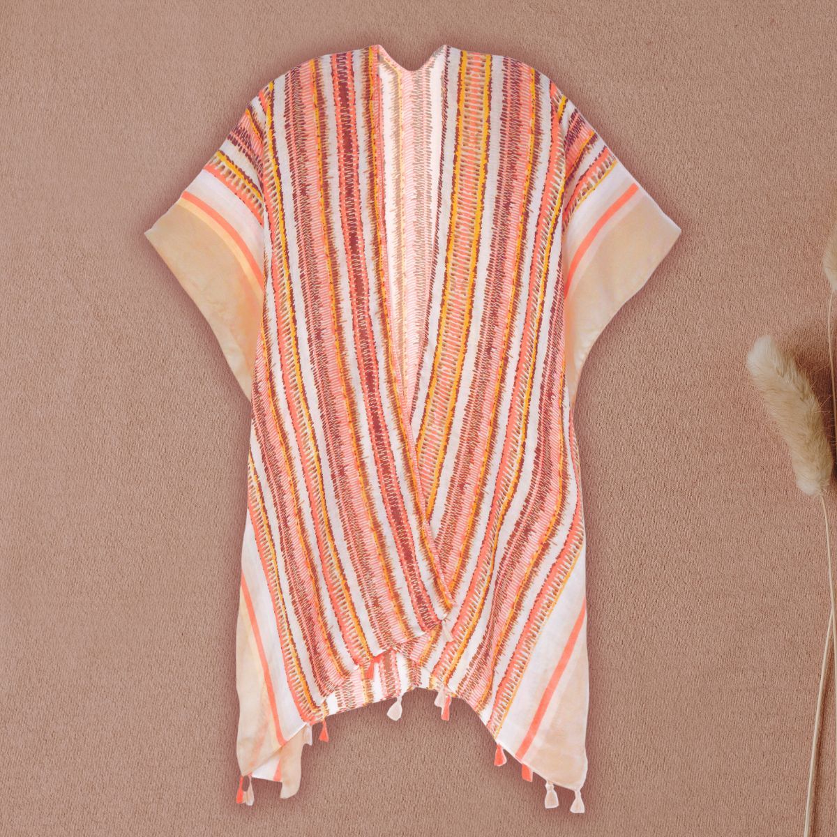 Beige Tribal Stripe Print Kimono