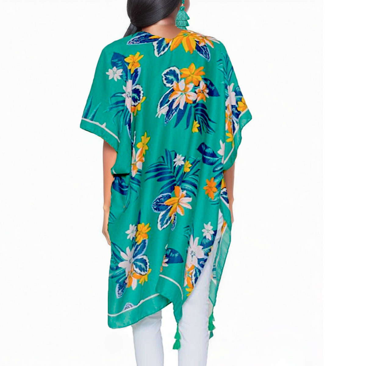 Green Tropical Floral Tassel Kimono