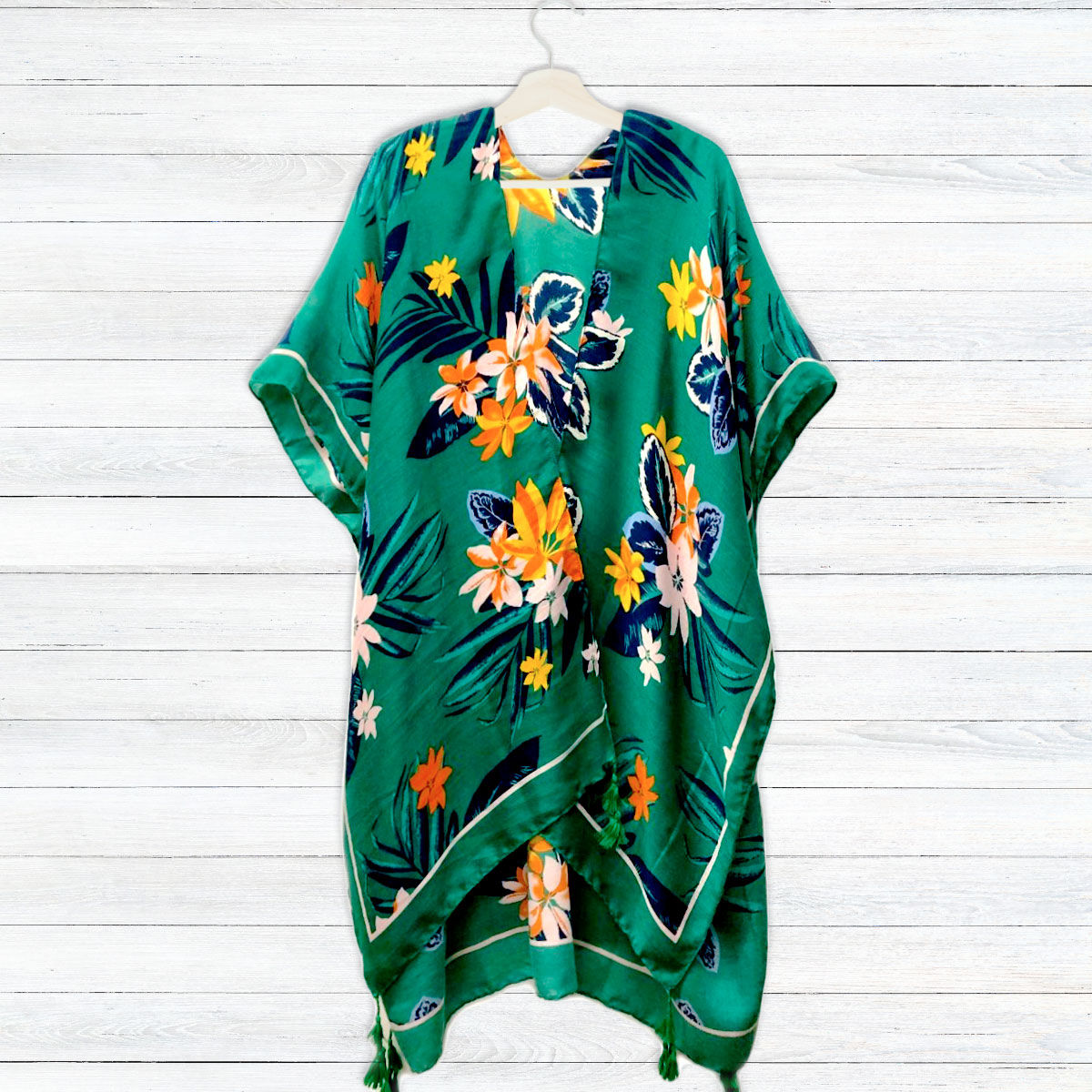 Green Tropical Floral Tassel Kimono