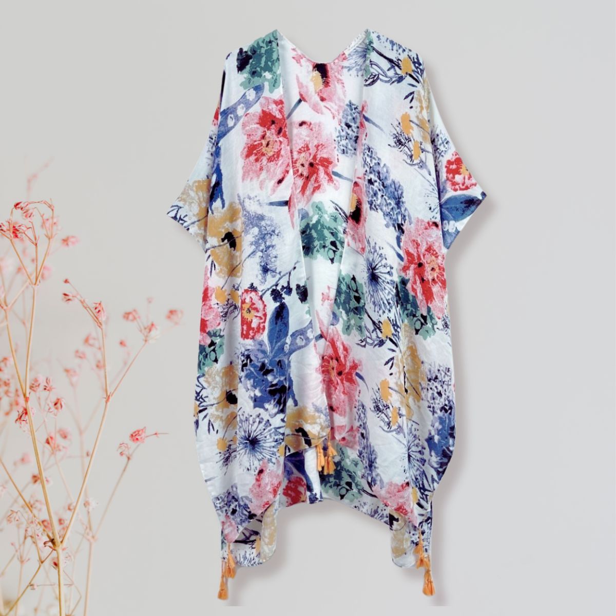 Multi Color Floral Print Tassel Kimono