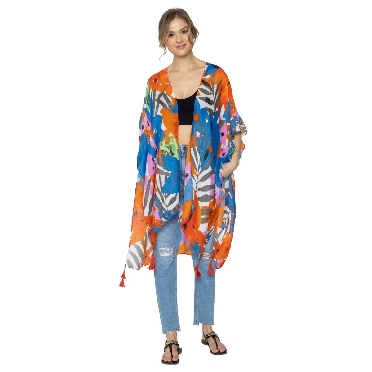 Blue Floral Watercolor Tassel Kimono