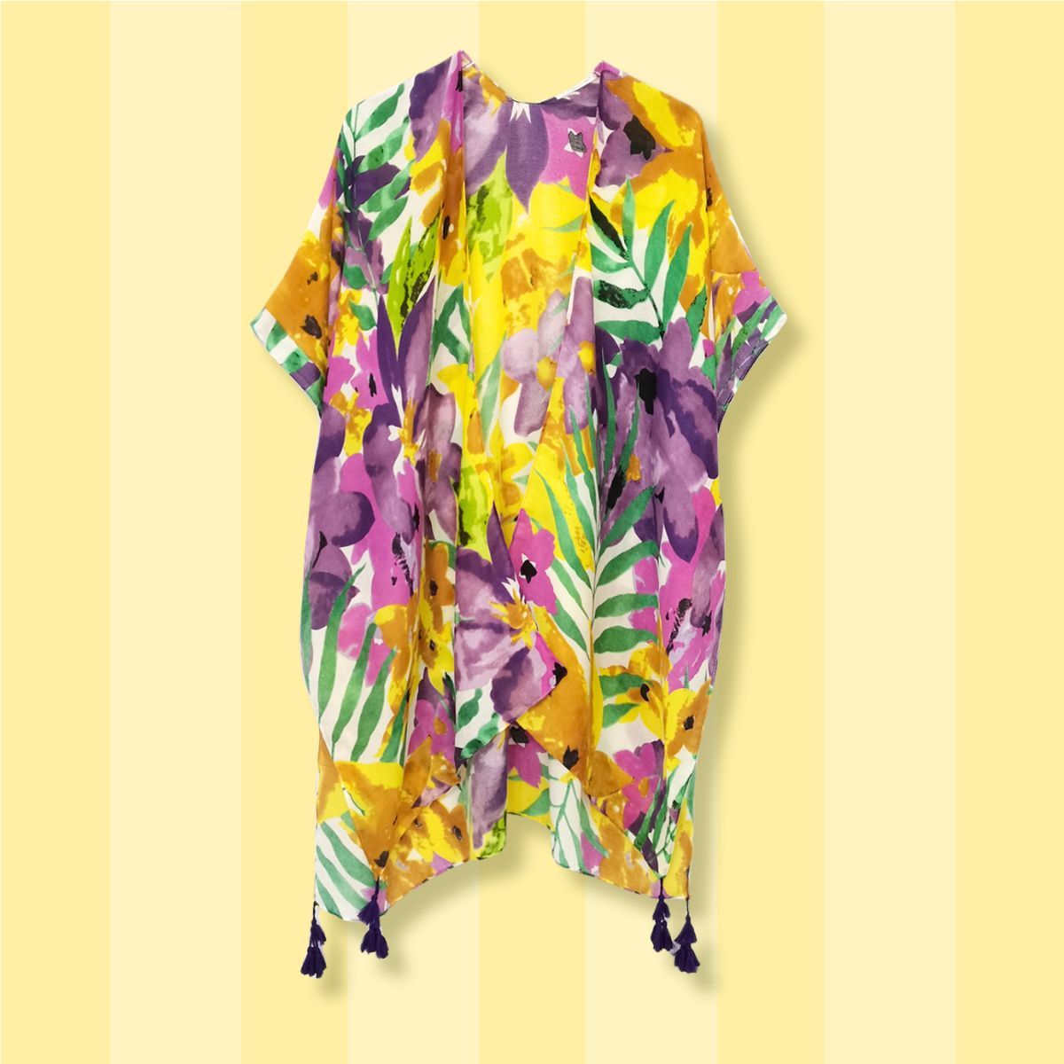 Purple Floral Watercolor Tassel Kimono