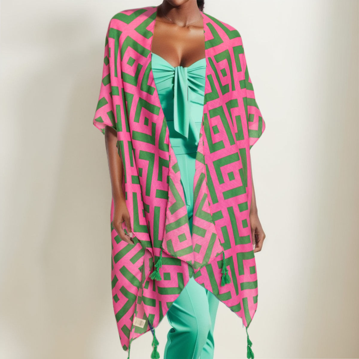 AKA Kimono Lux Geo Print Pink and Green