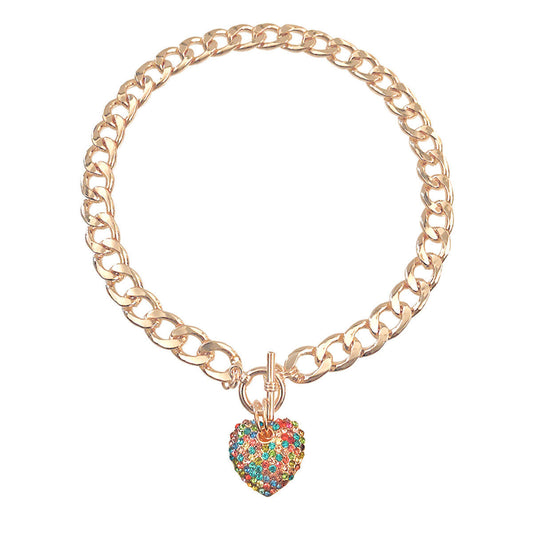 Multicolored Rhinestone Heart Toggle Necklace