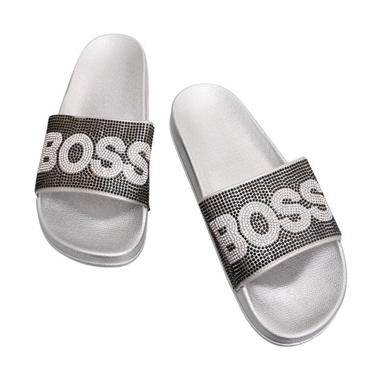 Size 9 Black BOSS Silver Slides