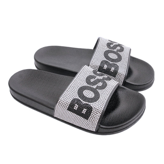 Size 12 Silver BOSS Black Slides