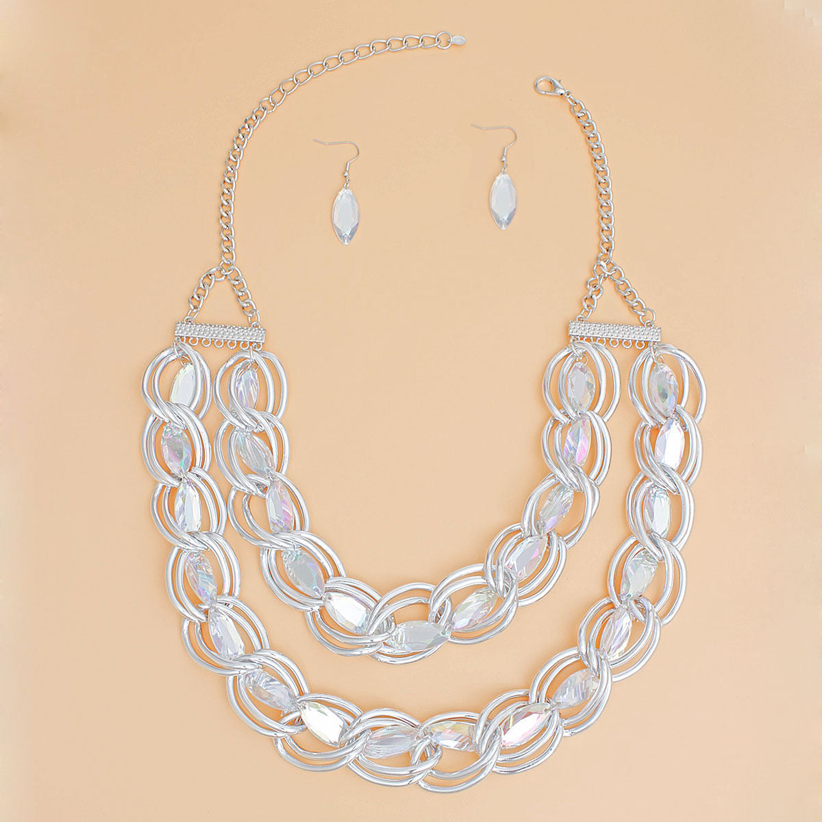 Chain Necklace Double Linked Silver Crystal Set