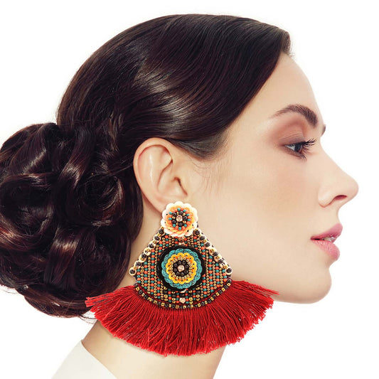 Floral Bead Burgundy Tassel Earrings