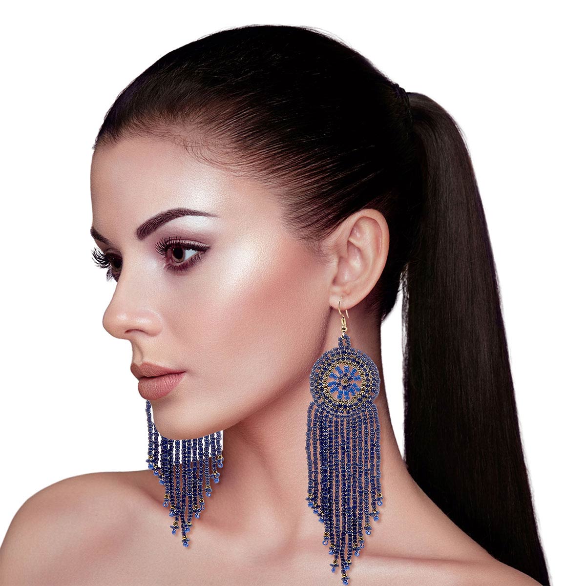 Blue Seed Bead Fringe Round Earrings