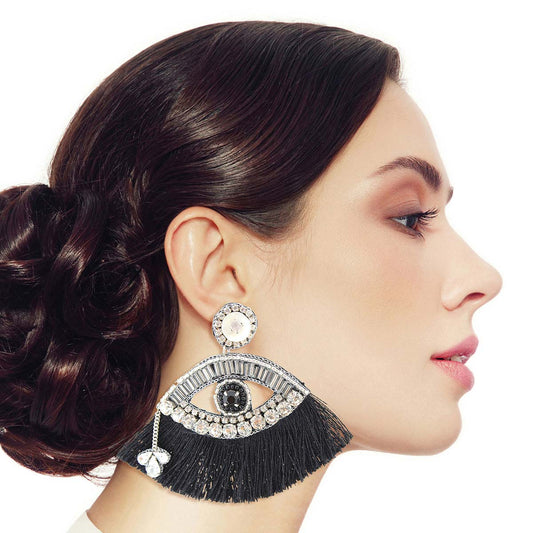 Black Tassel Rhinestone Eye Earrings